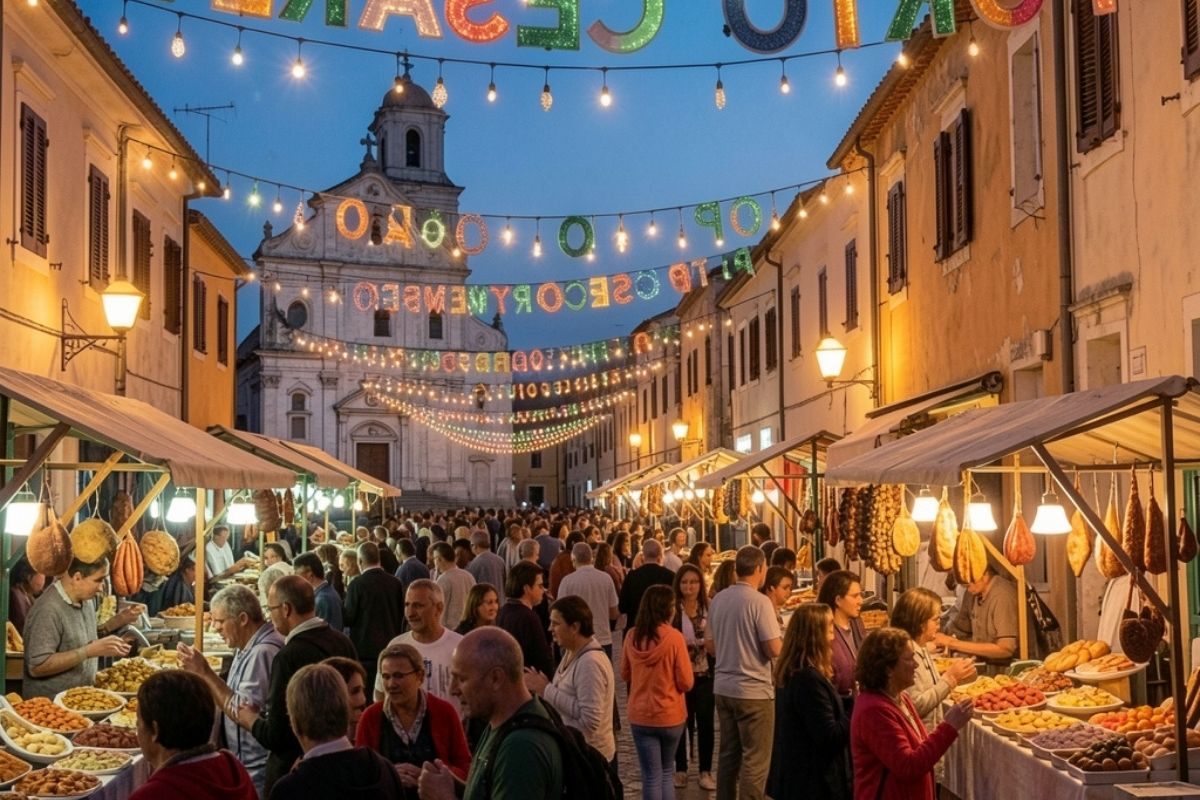Scorcio serale di una festa di paese a Porto Cesareo, con luminarie tradizionali, folla festante, bancarelle di prodotti tipici e la chiesa madre sullo sfondo