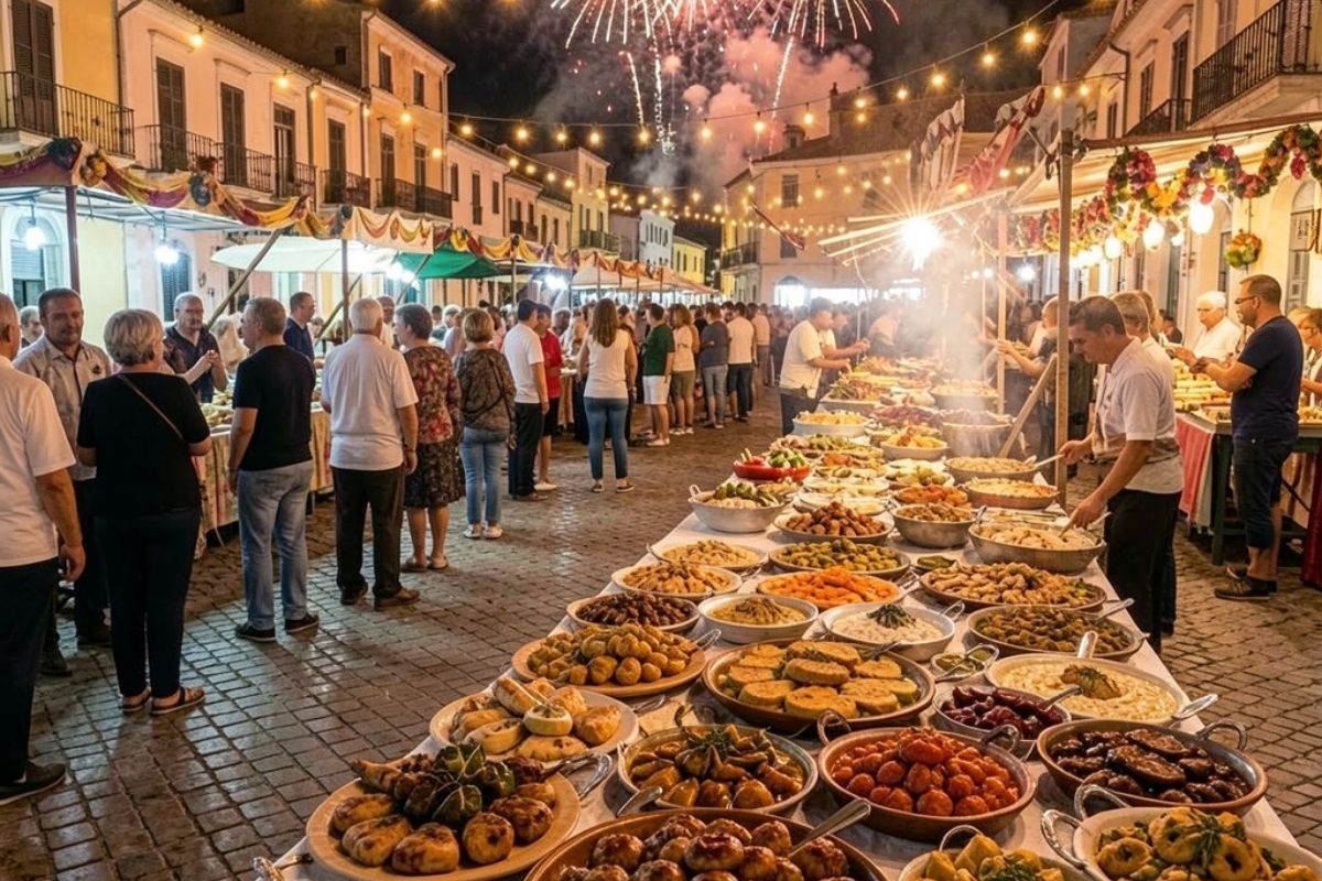 Scatto notturno durante la festa patronale a Porto Cesareo: folla in piazza, luminarie colorate, fuochi d’artificio sullo sfondo e bancarelle gastronomiche in primo piano